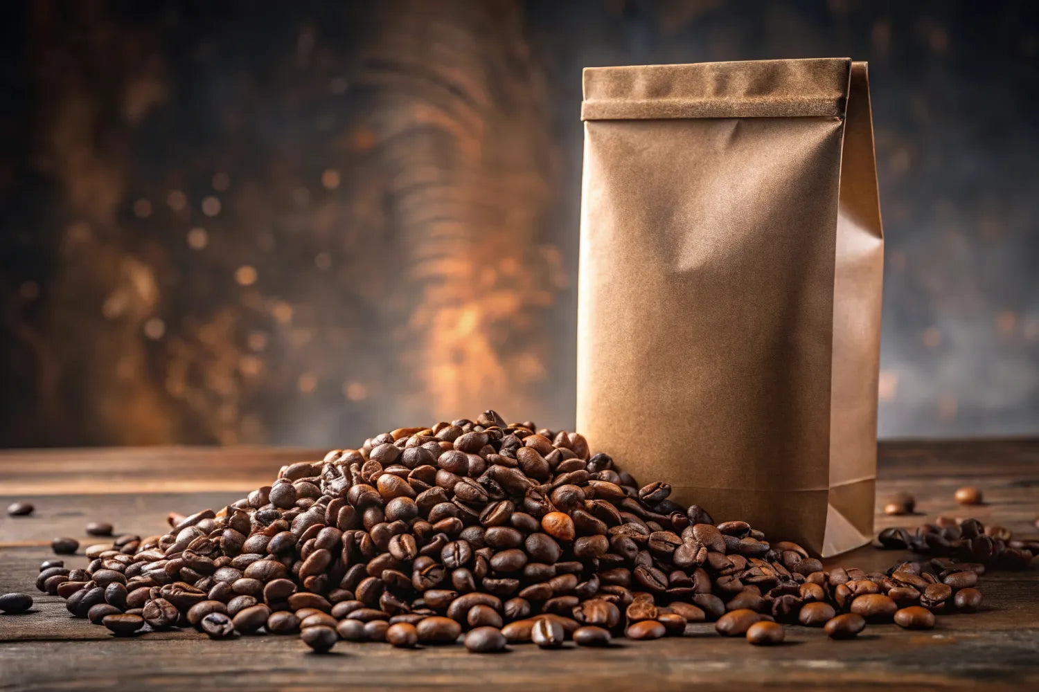 Coffee Beans Piled Next to Coffee Bag
