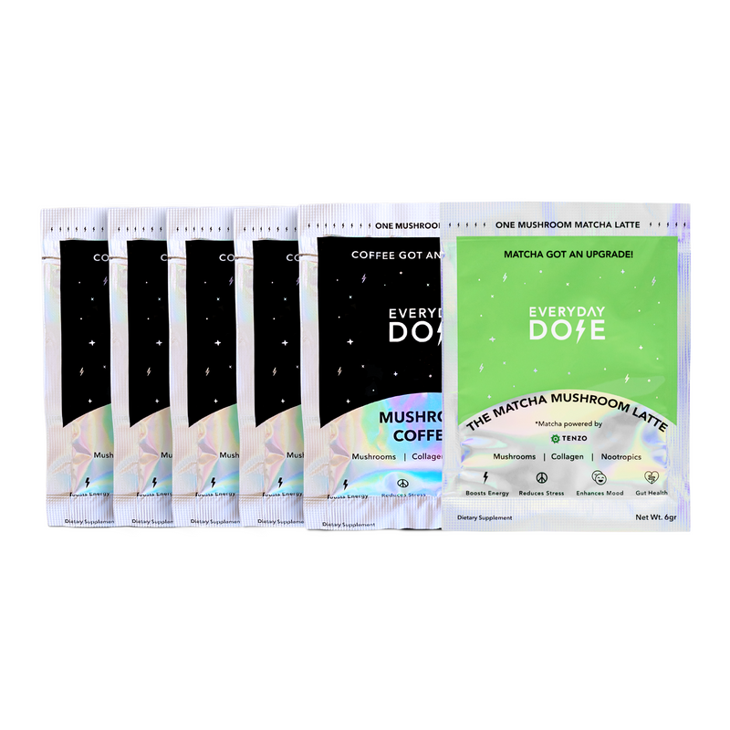 5-Pack Mushroom Coffee and Matcha Sample packets displayed on white background with black and green packaging