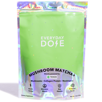 Mushroom Matcha Plus green powder supplement package with holographic trim showing functional benefits and ingredients