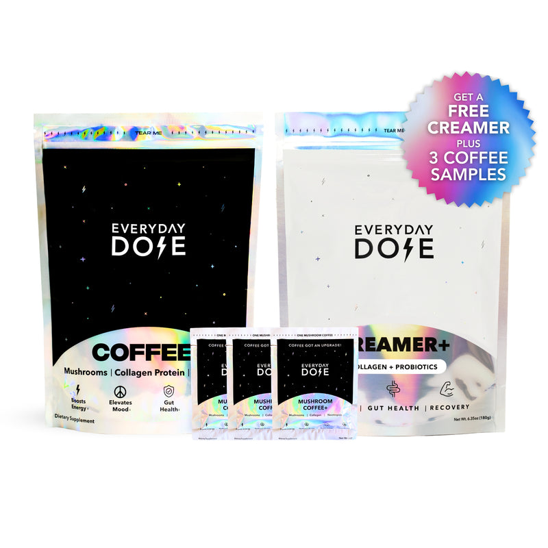 Everyday Dose mushroom coffee bundle with collagen coconut creamer and travel packs on white background
