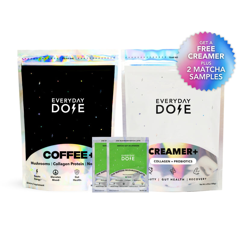 Everyday Dose Mushroom Coffee bundle with free collagen creamer and matcha samples on white background