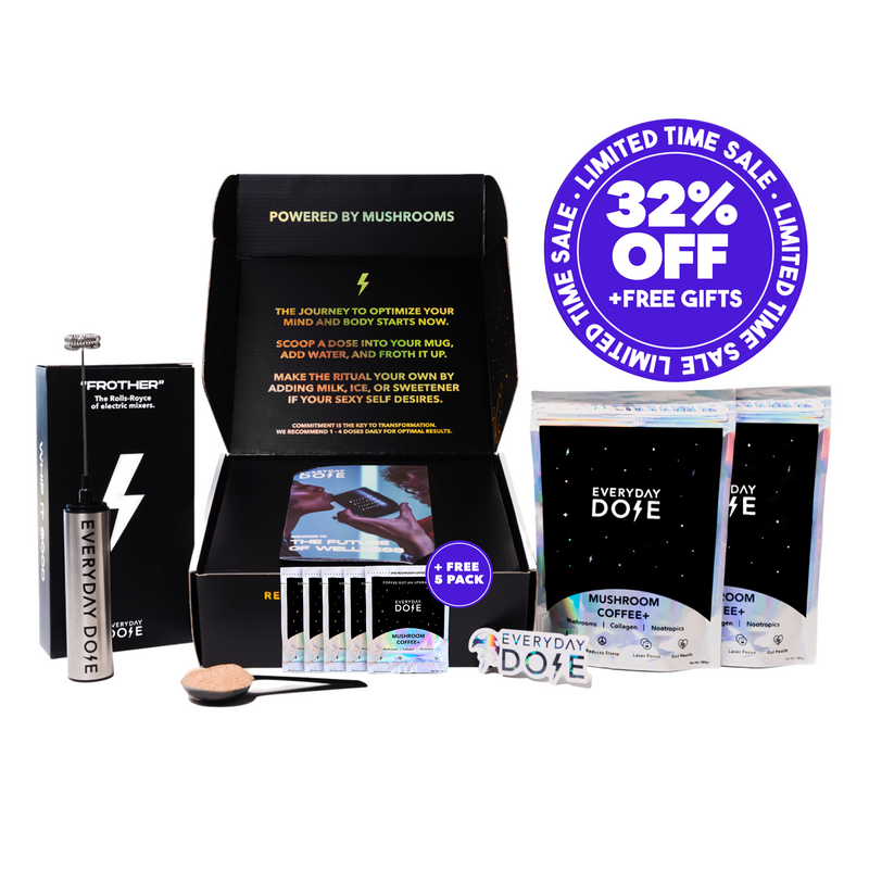 Mushroom Coffee Memorial Day bundle with 60 servings, frother, dose spoon and 5 free sachets in black gift box packaging