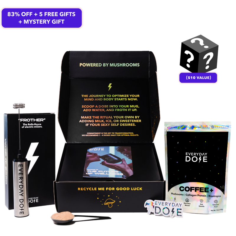 Mushroom coffee starter kit with 30 servings, black packaging, mystery gift box and bonus accessories displayed on white background