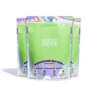 90 Servings Mushroom Matcha Plus green powder packets with holographic packaging and Everyday Dose branding