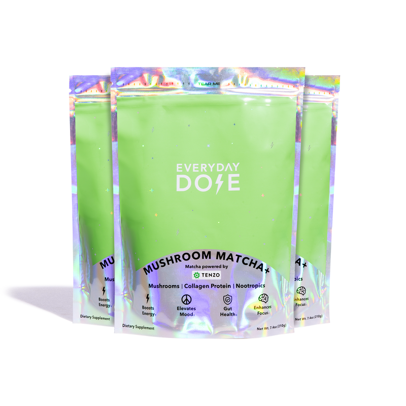 90 Servings Mushroom Matcha Plus green powder packets with holographic packaging and Everyday Dose branding