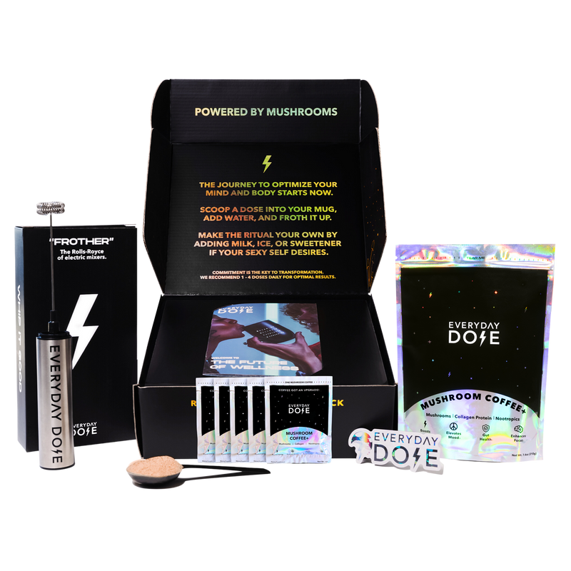 Mushroom Coffee Starter Kit with 30 servings, bonus sachets, and black packaging featuring coffee essentials