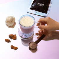 30 Serving of Mushroom Coffee + FREE Starter Kit showing a frothy cup, mushroom pieces, and coffee powder scoop.