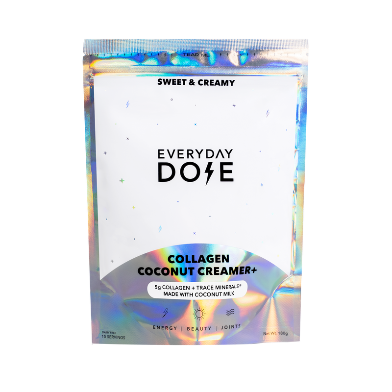 Holographic pouch of Collagen Coconut Creamer Plus featuring Everyday Dose branding on white background with iridescent accents