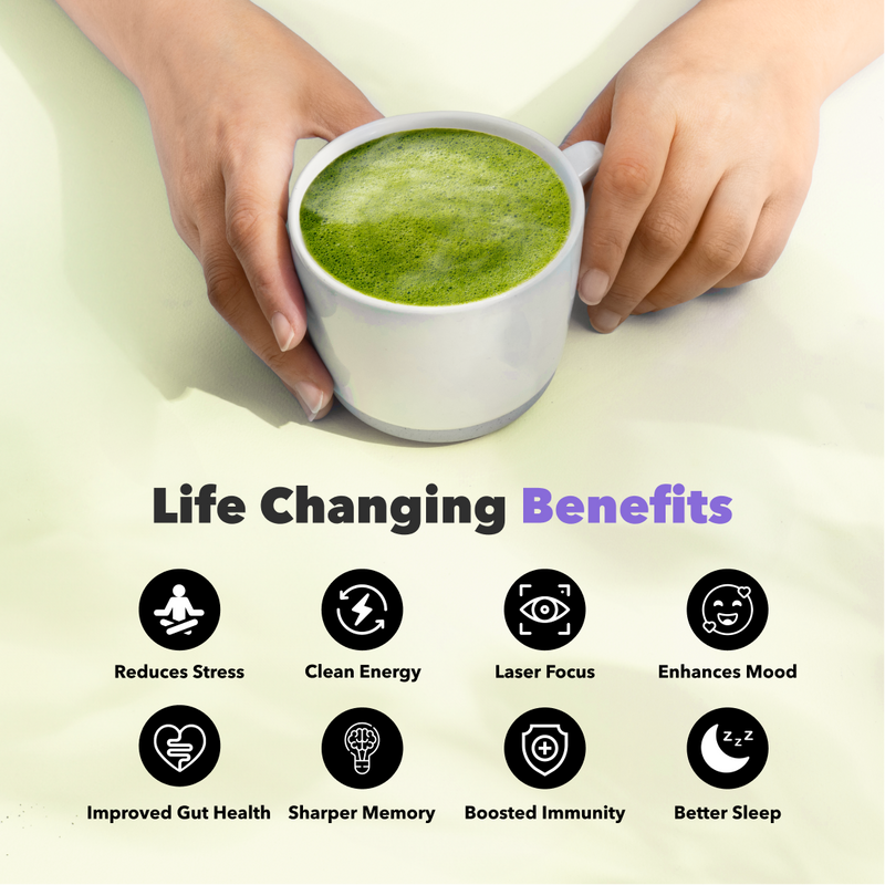 White ceramic cup of vibrant green Mushroom Matcha+ with benefits icons showing stress relief and energy boost features