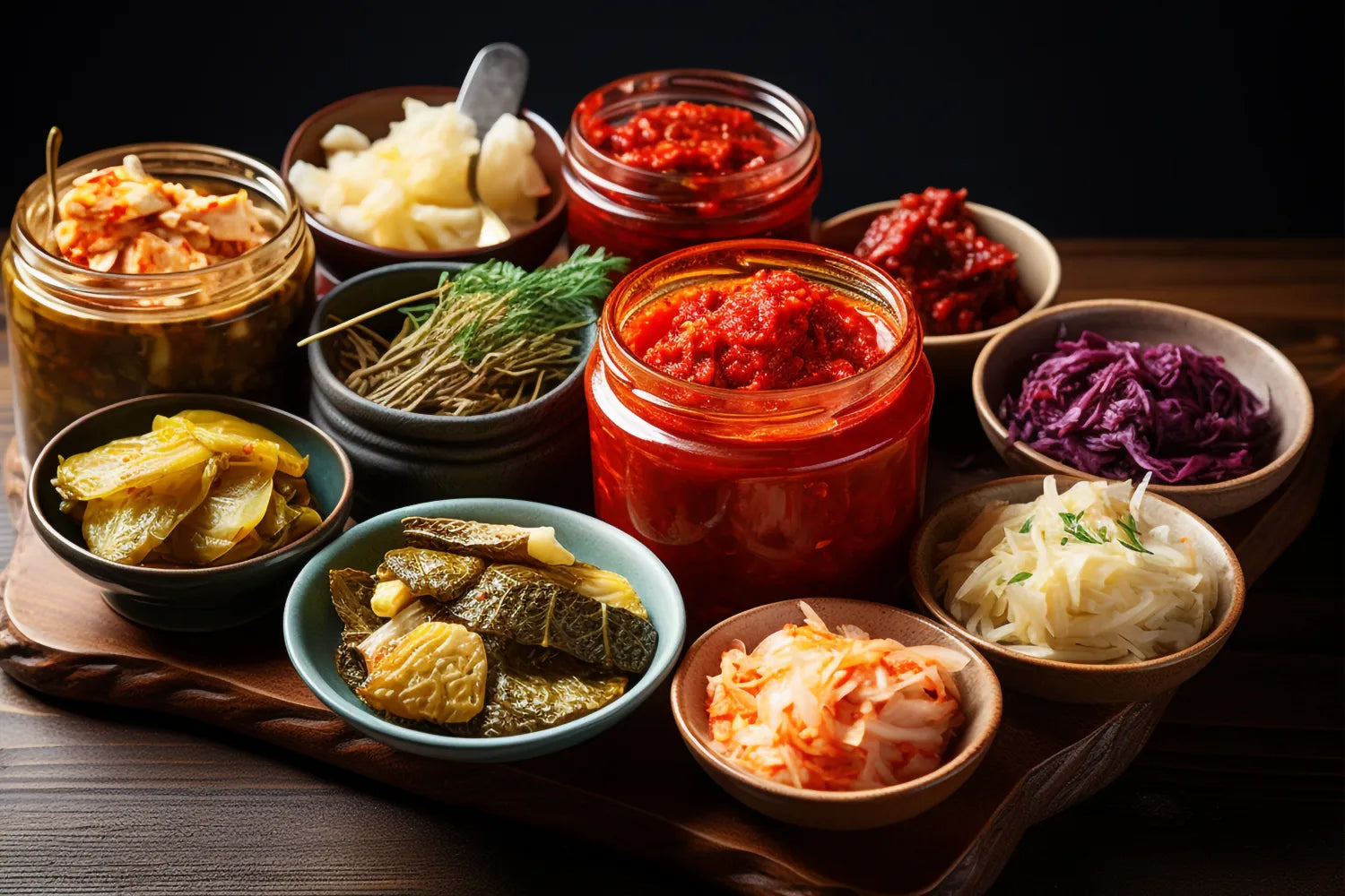 Assortment of fermented vegetables and condiments in bowls and jars on a wooden board