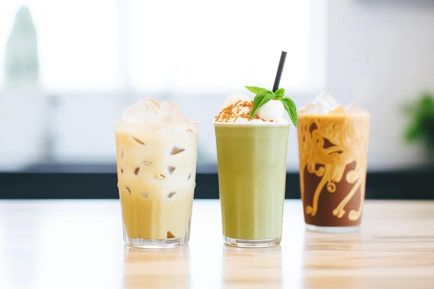 Three iced drinks: a light chai latte, a whipped matcha latte garnished with mint, and an iced coffee on a wooden table in a bright cafe