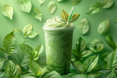 Frontal view of matcha collagen smoothie in a clear plastic cup showcasing whipped swirl topping, paper straw, and mint leaf garnish against a leafy green background