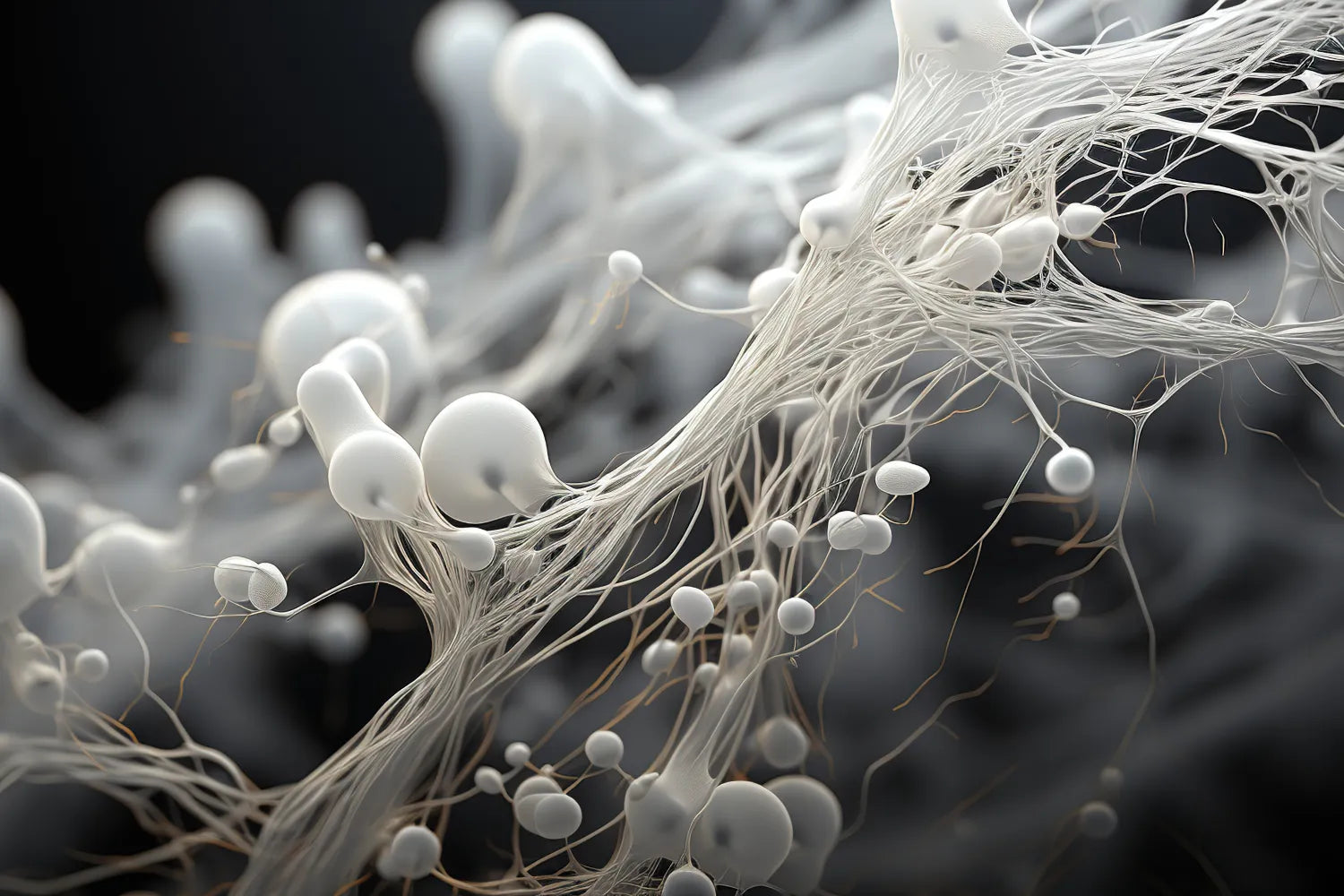 Close-up of white mushroom mycelium strands and round spore-like nodes forming a fibrous network against a dark background