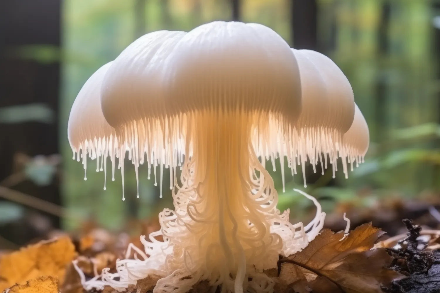 Close-up view of a translucent white mushroom showcasing long fringe-like gills and curled filamentous stem with blurred forest background