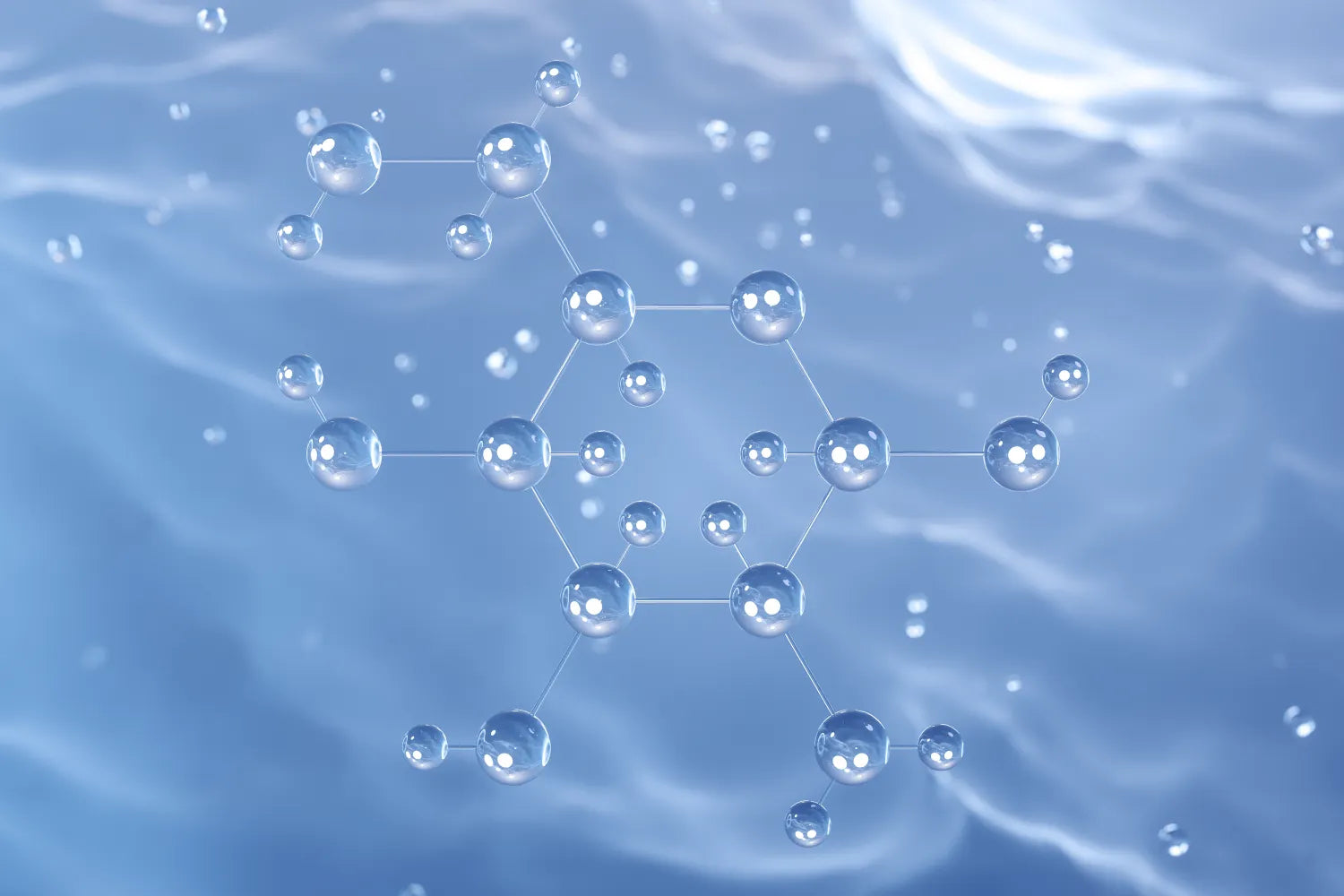 Glass-like molecular model of connected spheres and rods floating over a soft blue, water-like background