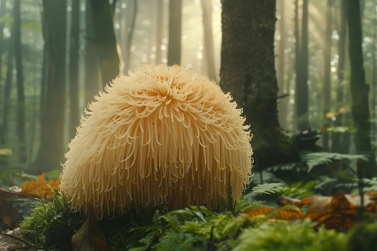Close-up of a lion’s mane mushroom showing shaggy cream-colored spines on moss with a sunlit forest background