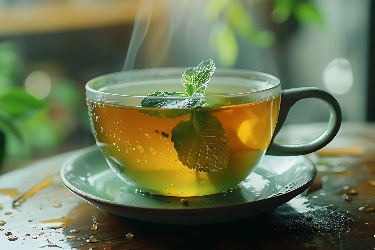 Steaming glass cup of green tea with fresh mint leaves on a saucer, soft natural light and blurred plant background