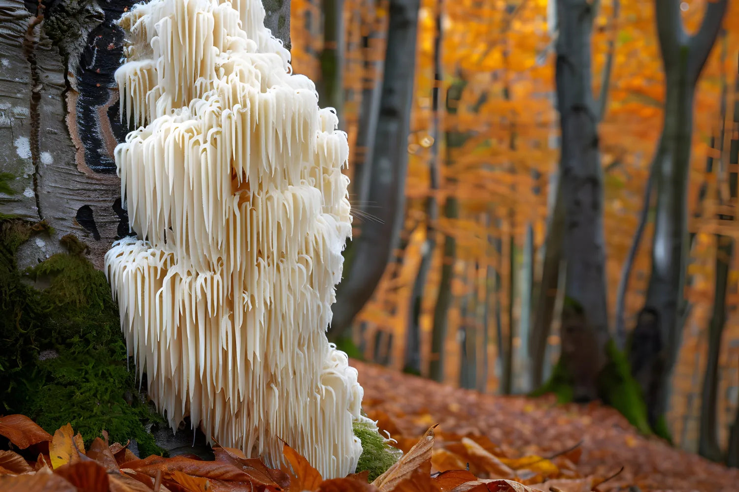 Lion’s mane mushroom growing on a mossy birch trunk in an autumn forest