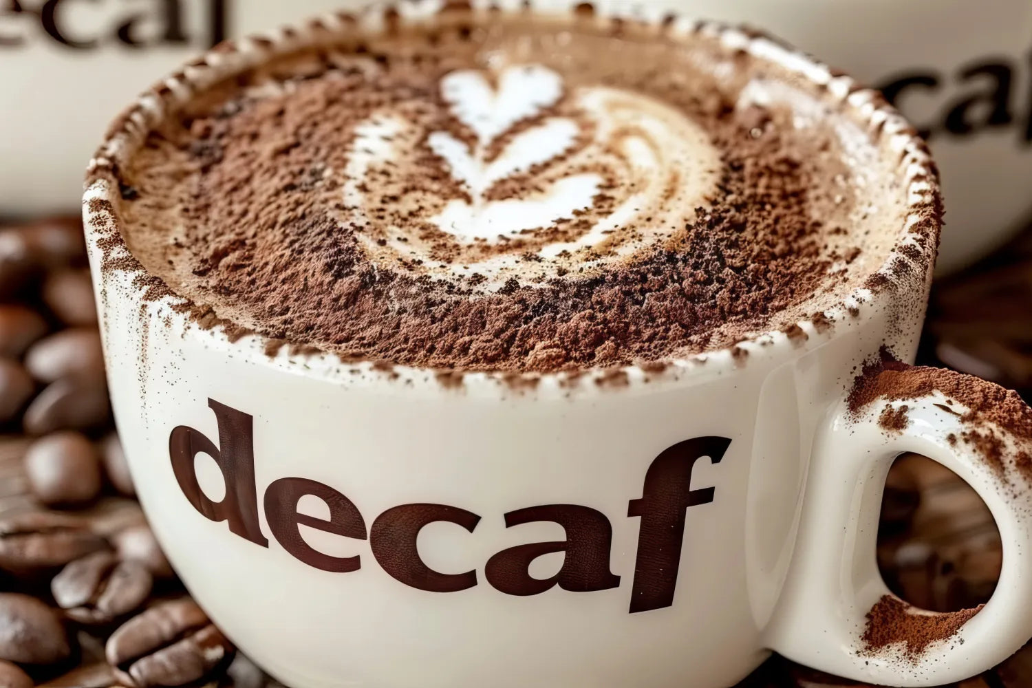Close-up of a white mug labeled decaf with latte art and cocoa powder on the rim, surrounded by coffee beans