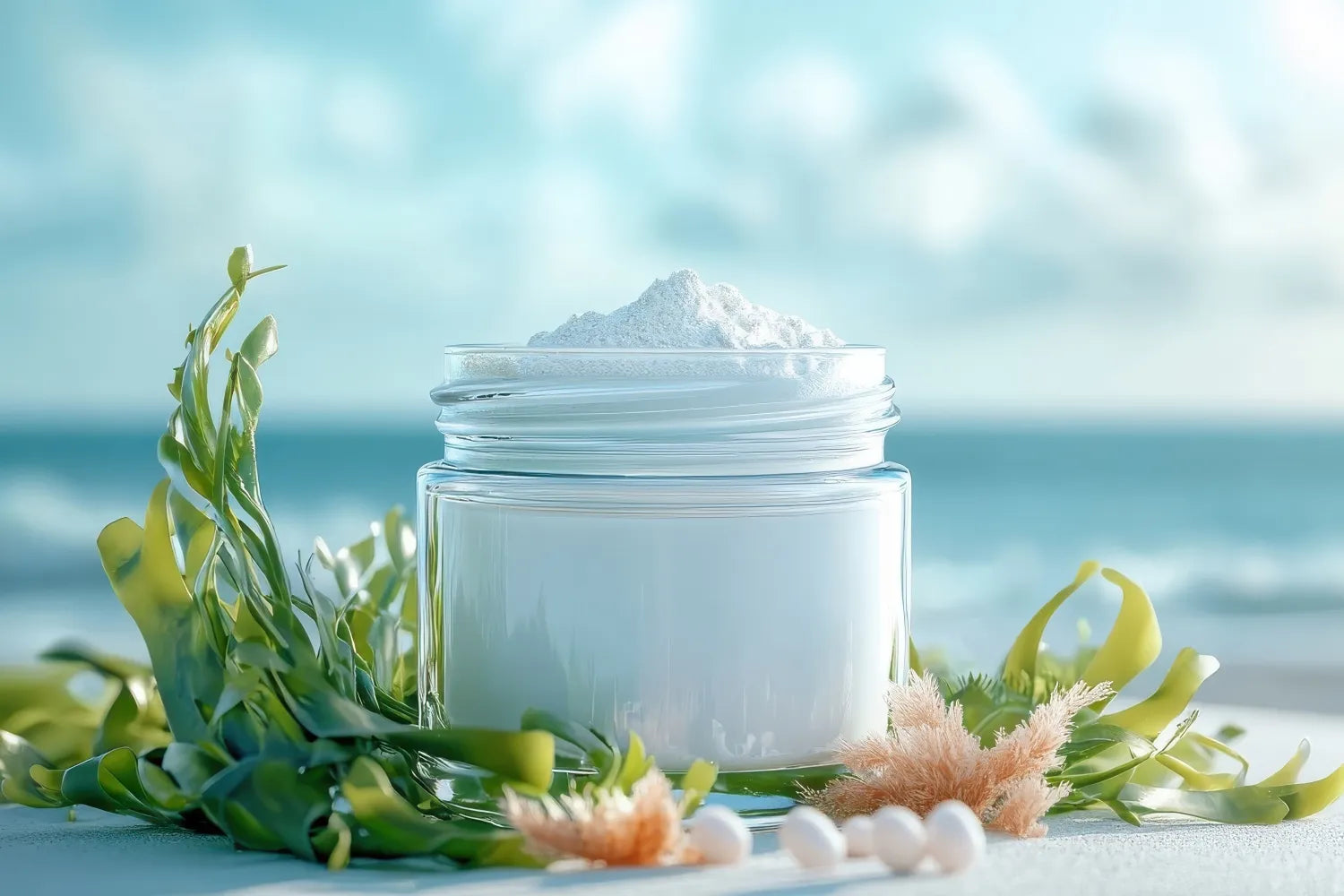 Glass jar of marine collagen powder on a sandy beach surrounded by seaweed with the ocean in the background