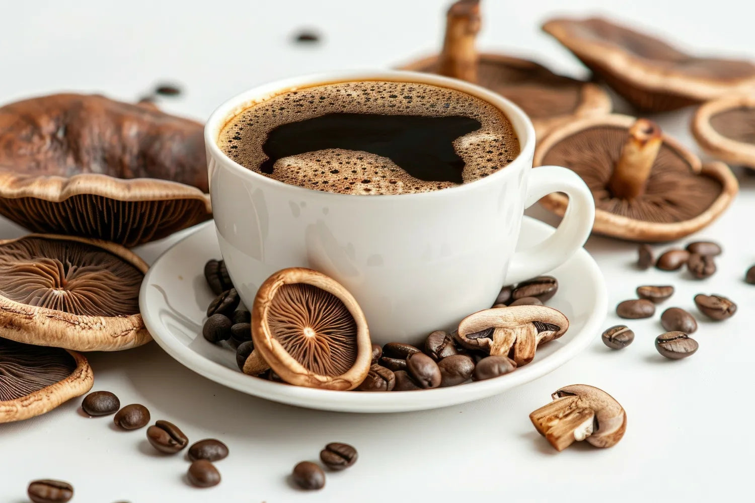 White cup of mushroom coffee on a saucer surrounded by sliced medicinal mushrooms and scattered coffee beans on a white background