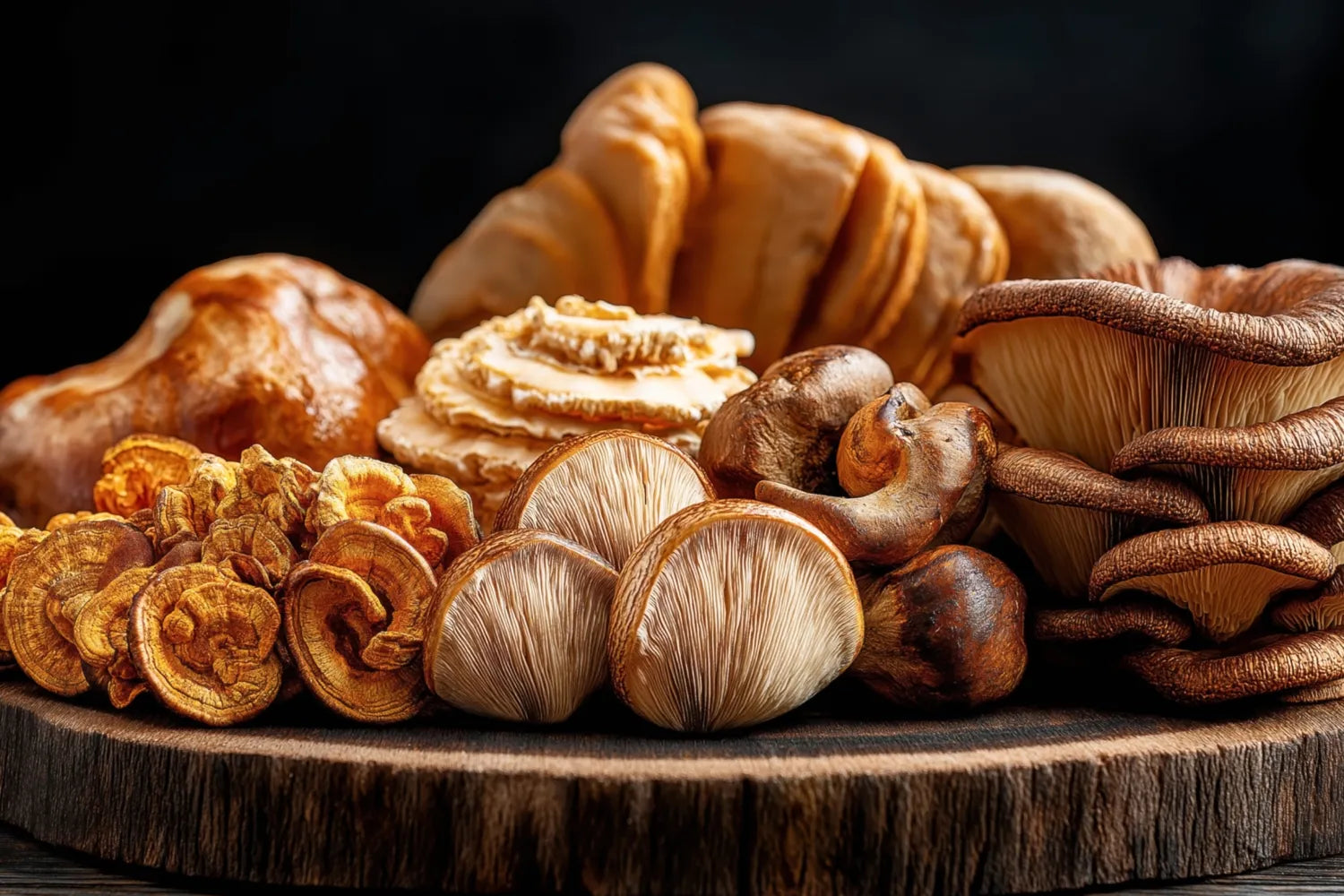 Assortment of fresh and dried medicinal mushrooms displayed on a wooden board against a dark background