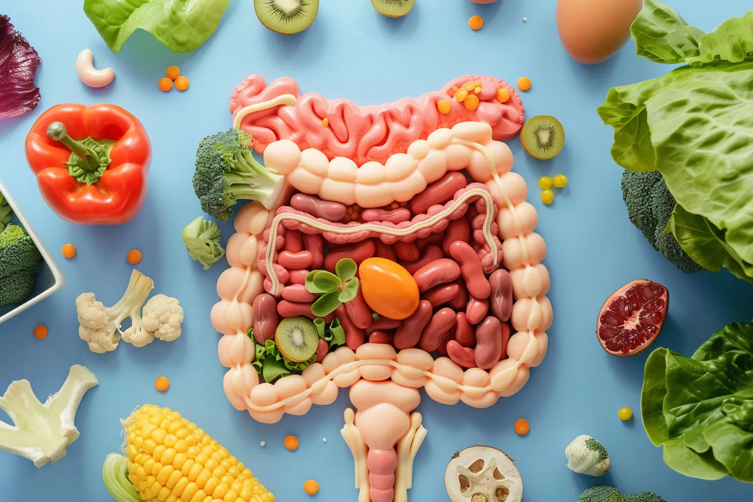 Food-based model of the human digestive tract made from fruits, vegetables, and legumes on a blue background