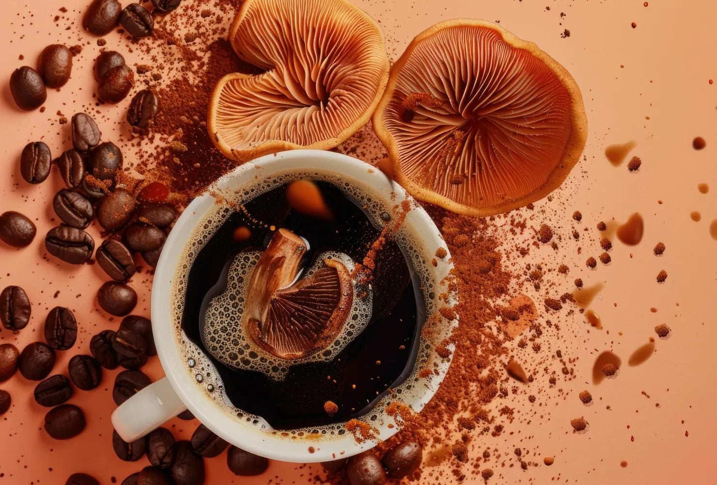 Top-down view of a cup of mushroom coffee with mushroom caps, scattered coffee beans, and grounds on a peach background