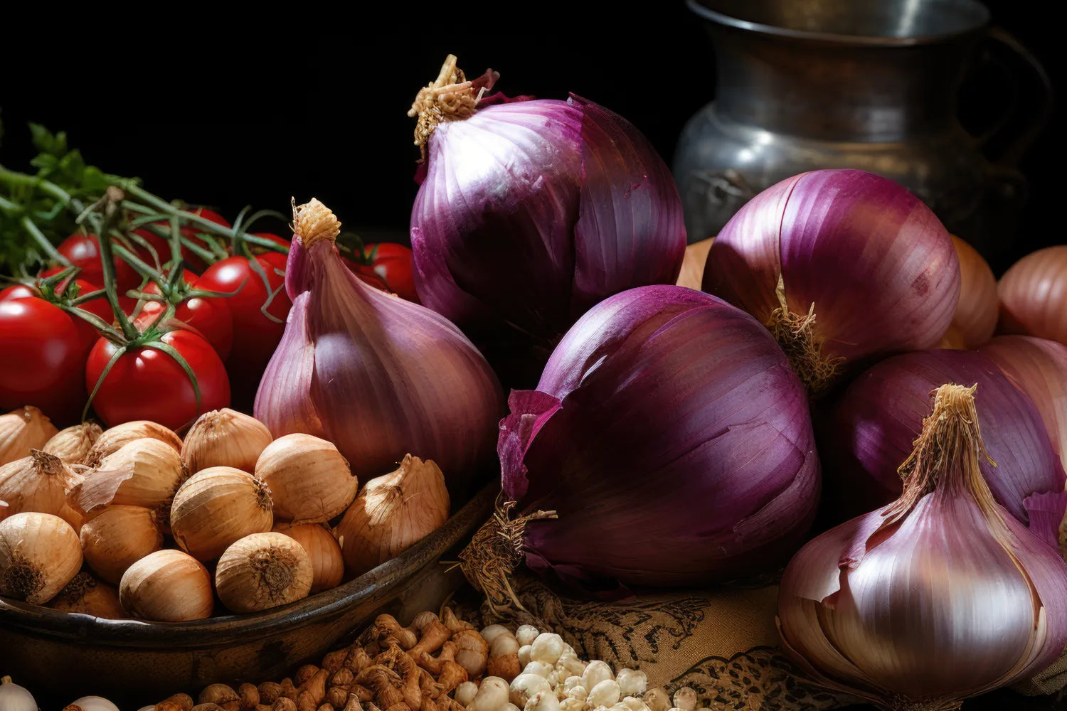 Red onions and garlic bulbs arranged with cherry tomatoes and shallots on a rustic cloth against a dark background
