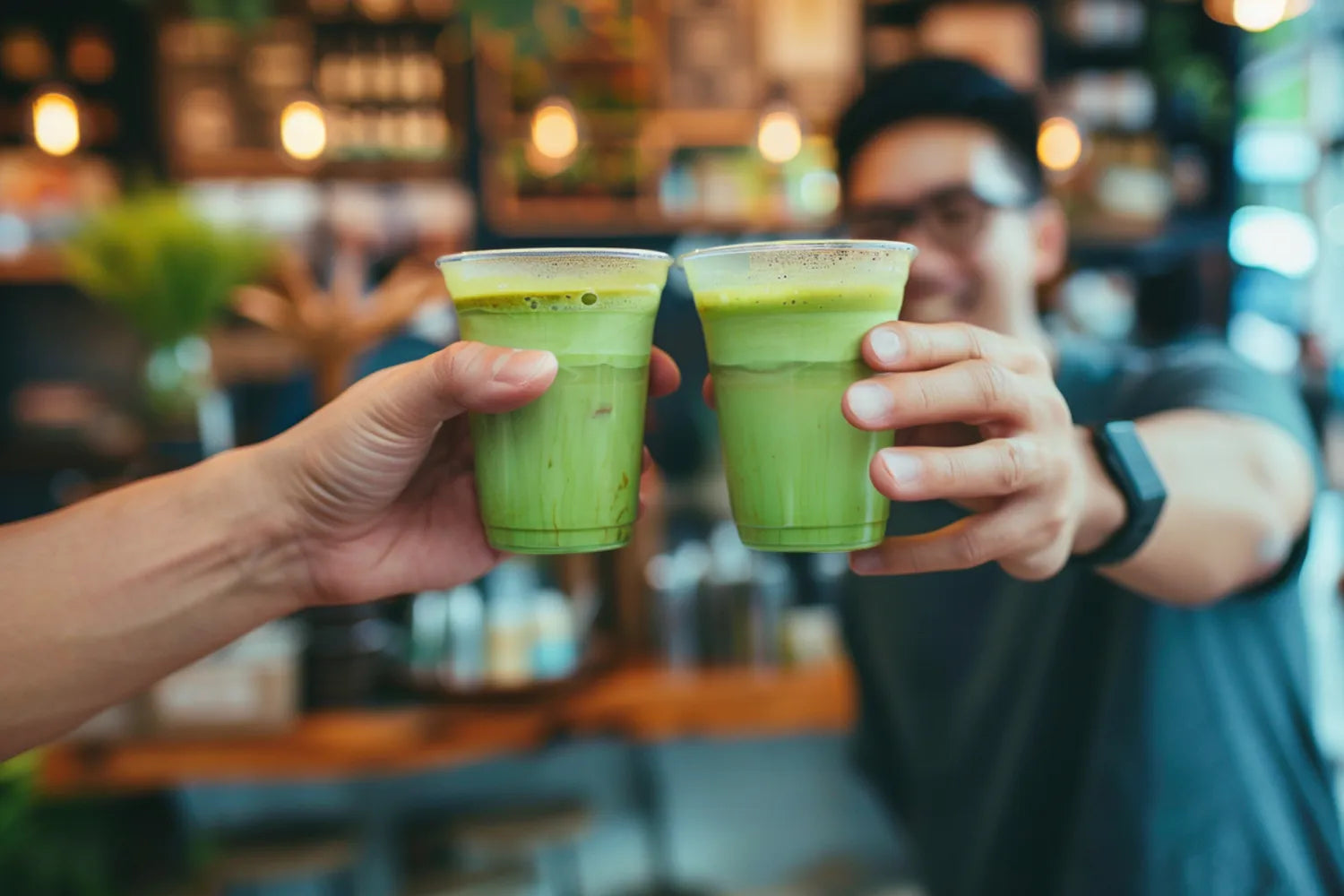 Two people clinking iced matcha lattes in a cafe with warm hanging lights and a blurred background