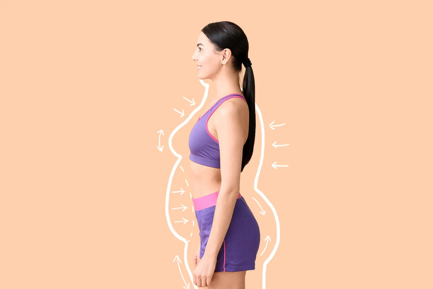 Woman standing in profile in purple sports bra and shorts, white drawn outline and arrows suggesting weight loss on peach background