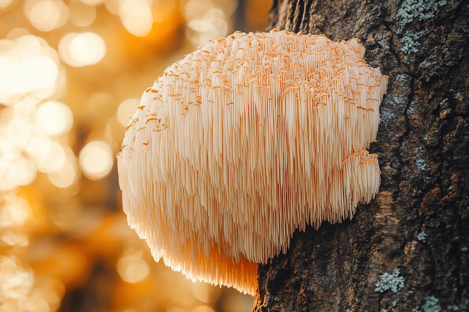 Lion’s mane mushroom growing on a tree trunk with warm golden bokeh background