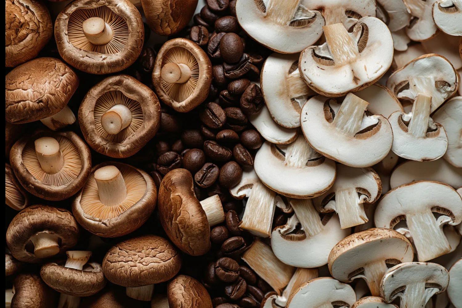 Close-up of whole and sliced mushrooms and roasted coffee beans representing mushroom coffee ingredients