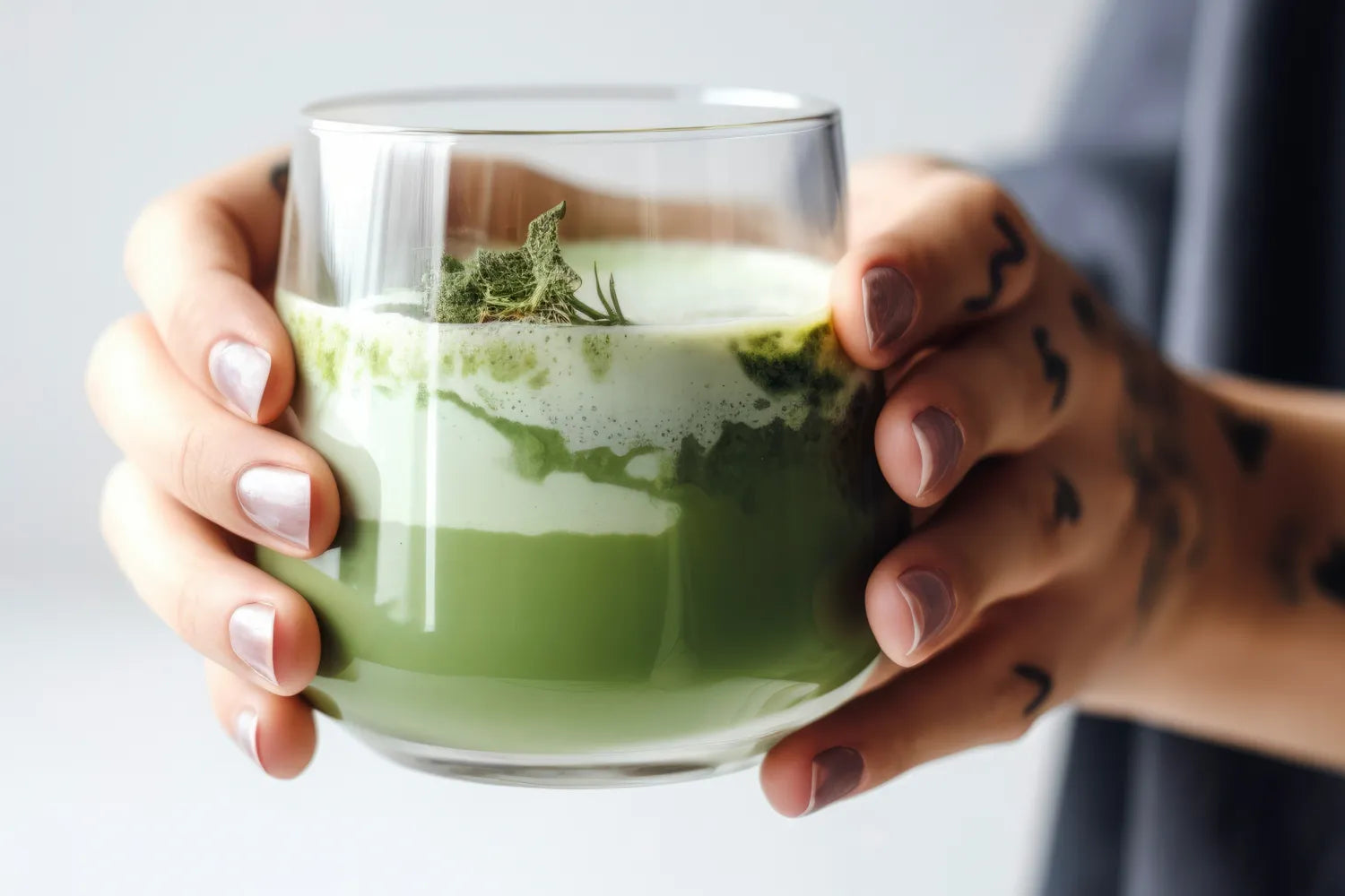 Hands holding a glass of frothy matcha latte with green powder swirls against a pale background