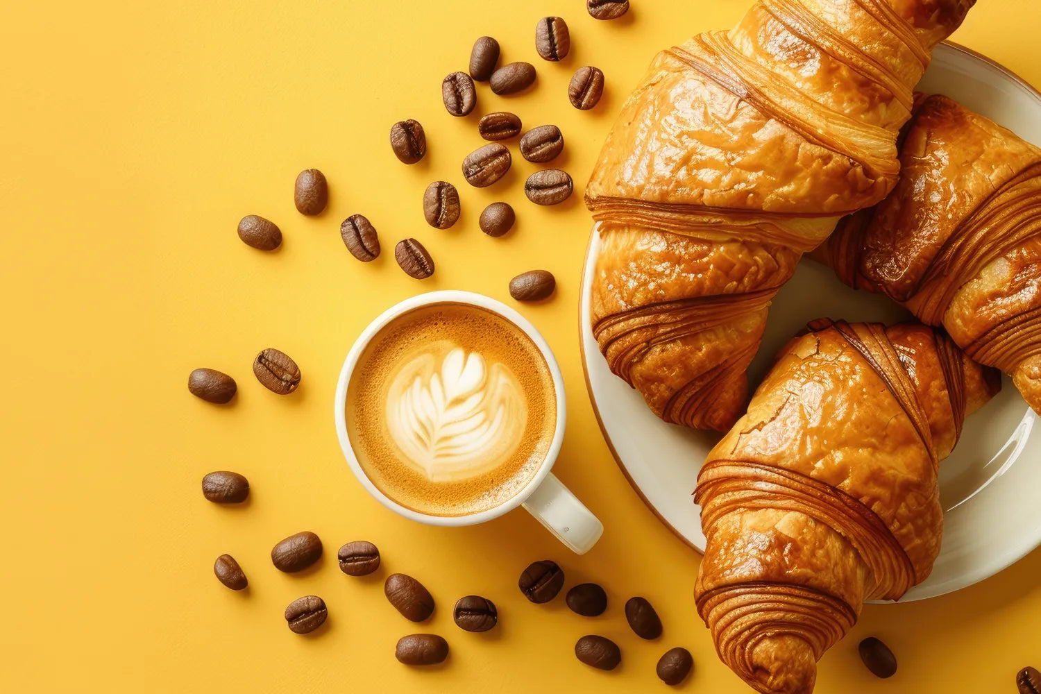 Latte with leaf latte art beside three croissants on a white plate and scattered coffee beans on a yellow background