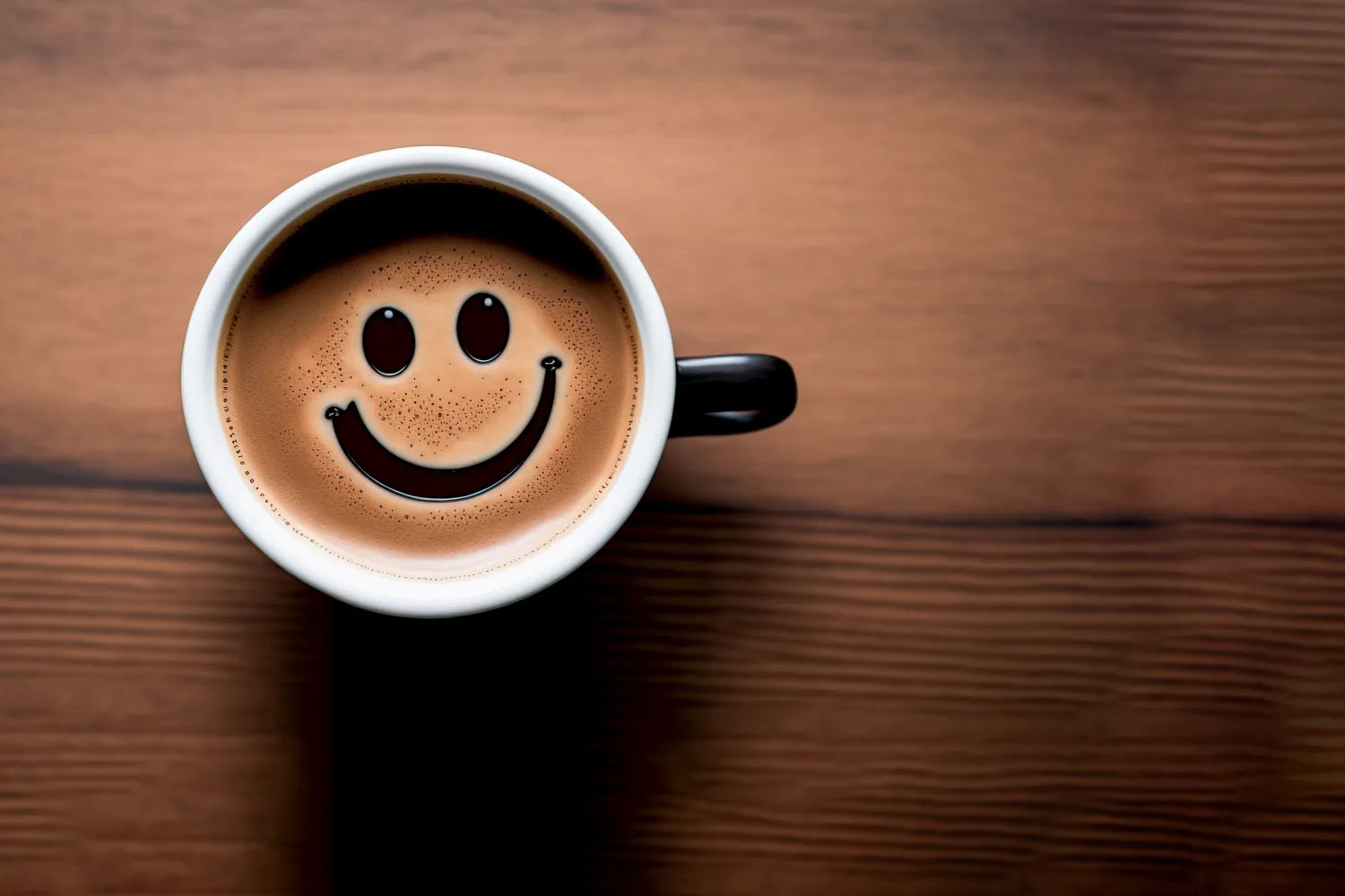 Overhead view of a cup of coffee with smiley-face foam art on a wooden table