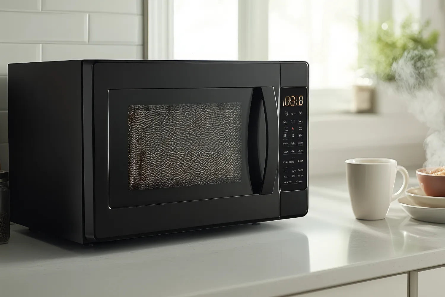 Steaming white coffee mug beside a black microwave on a sunny kitchen countertop