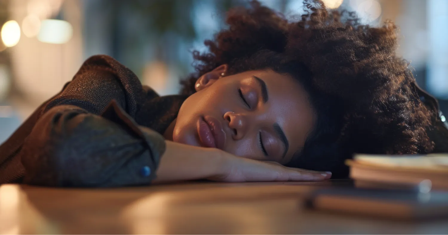 Person asleep at a desk with head on folded arms in a dimly lit workspace, suggesting afternoon fatigue