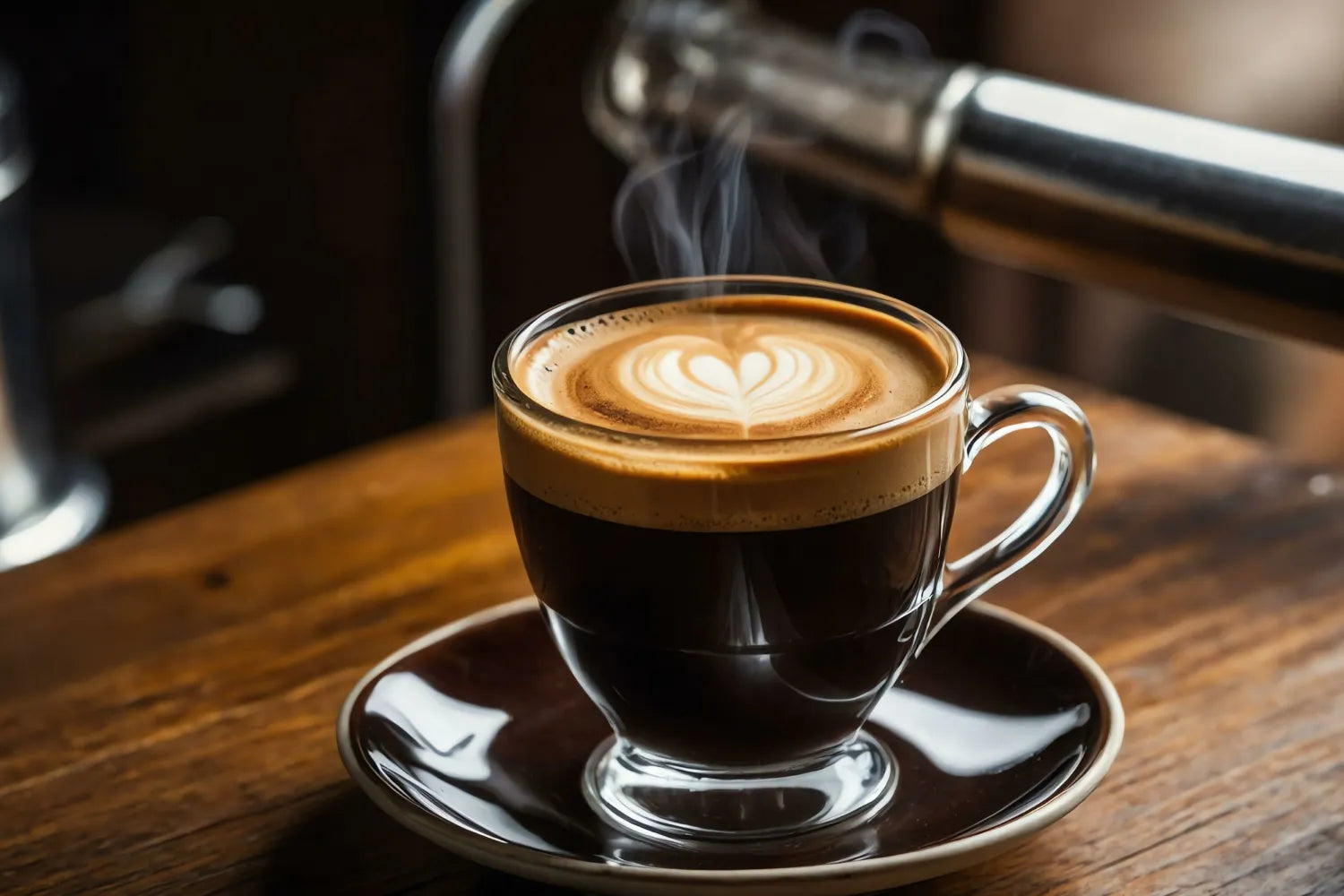 Steaming double espresso with heart-shaped latte art in a glass cup on a wooden café counter
