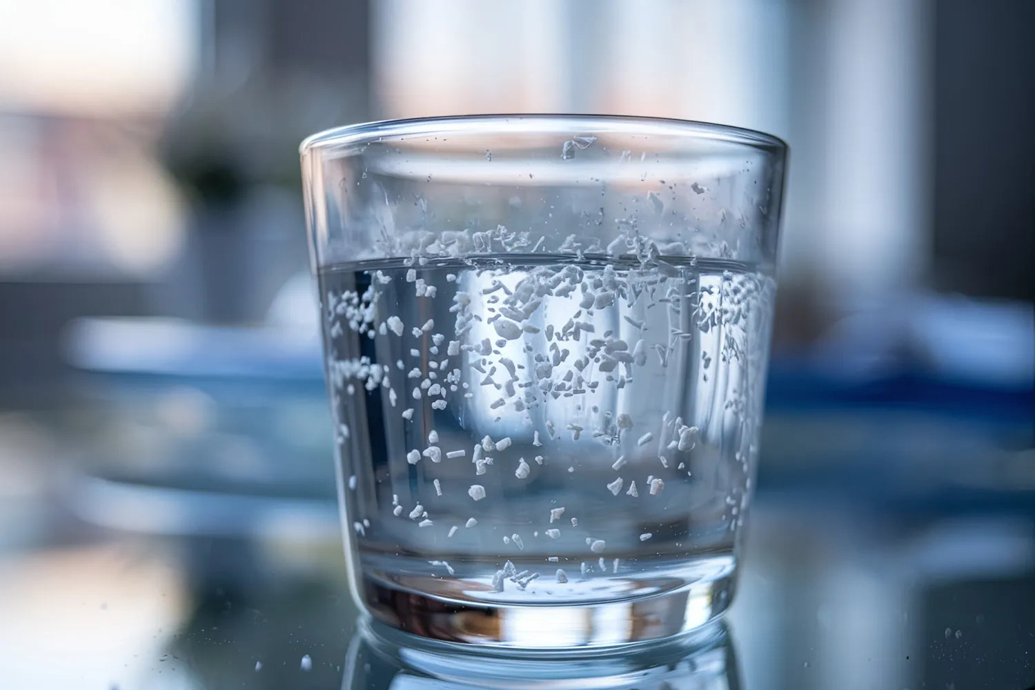 Glass of water with small bubbles rising on a reflective table, blurred morning kitchen background