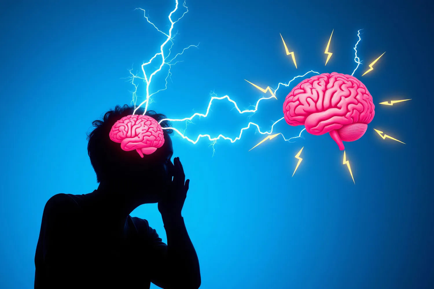 Silhouette of a person holding their head with a glowing pink brain connected by electric bolts to a larger glowing brain on a blue background