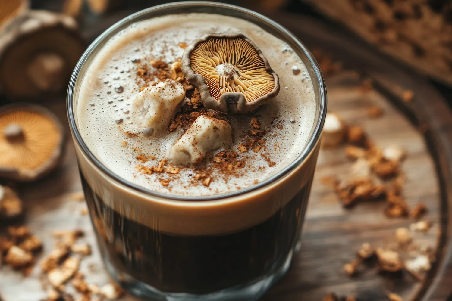 Glass of mushroom coffee topped with foam and dried mushroom pieces on a wooden tray