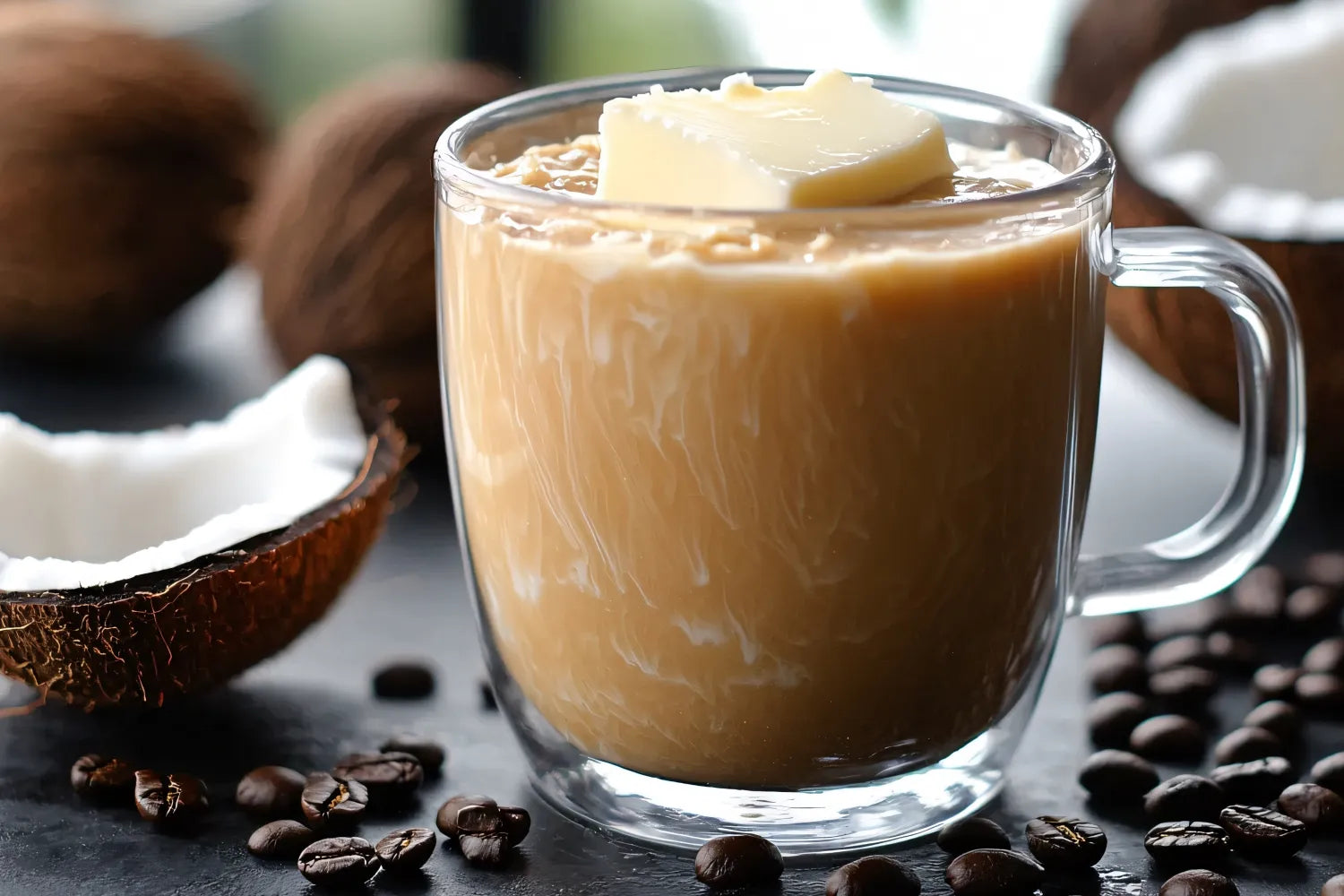 Clear glass mug of keto coffee topped with a pat of butter, surrounded by coconut halves and scattered coffee beans