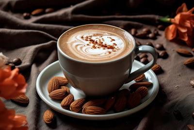 Almond latte in a white cup with frothed milk and cinnamon sprinkles on a saucer surrounded by whole almonds on a brown cloth background