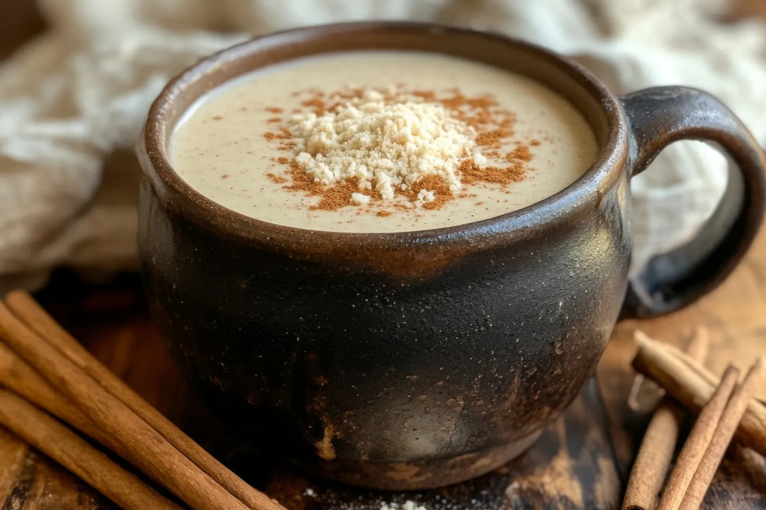 Close-up of Hot Toddy coffee in a rustic dark brown mug topped with grated nutmeg and a dusting of cinnamon, cinnamon sticks on a wooden board