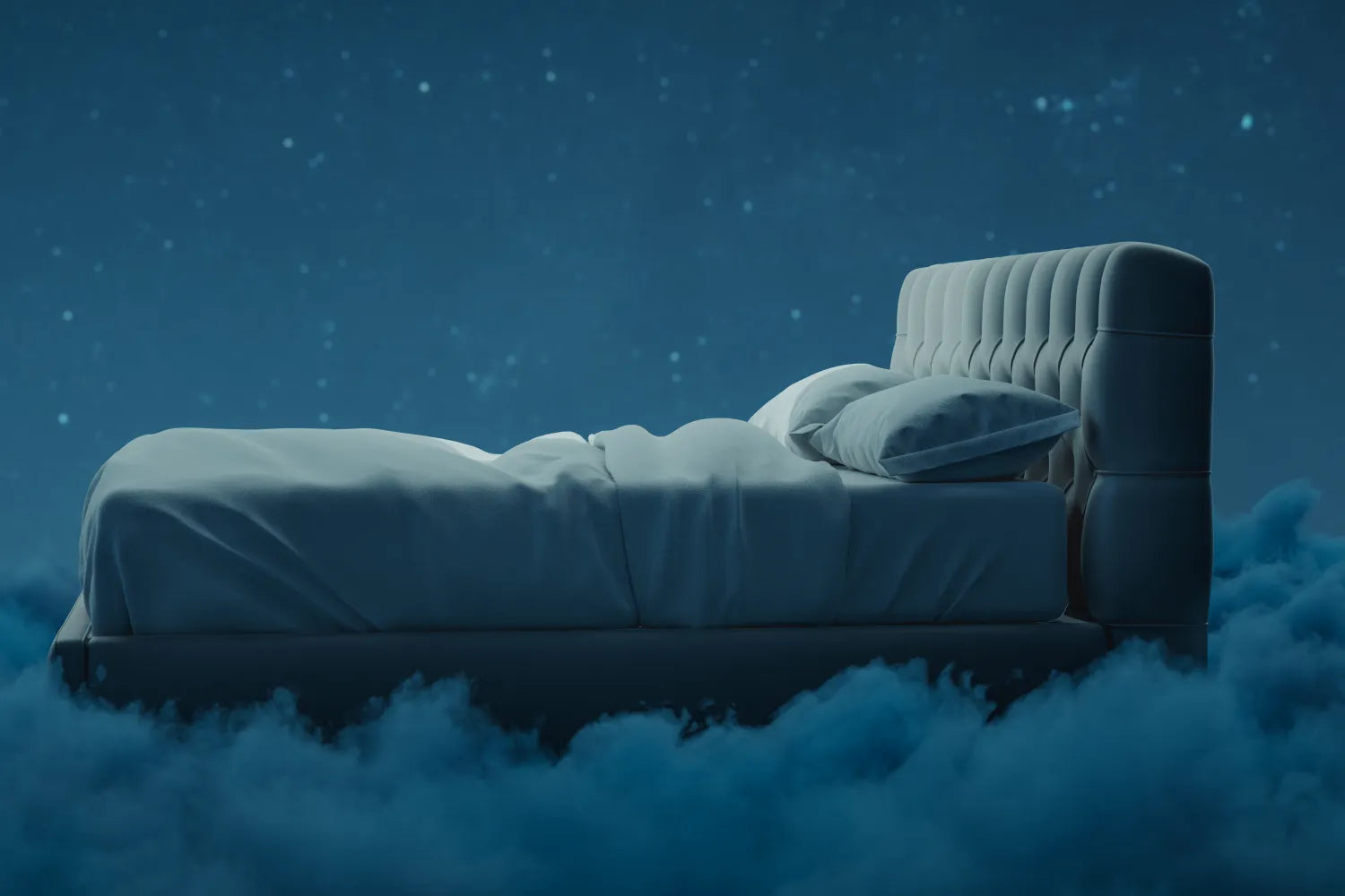 Upholstered bed floating on clouds under a starry night sky