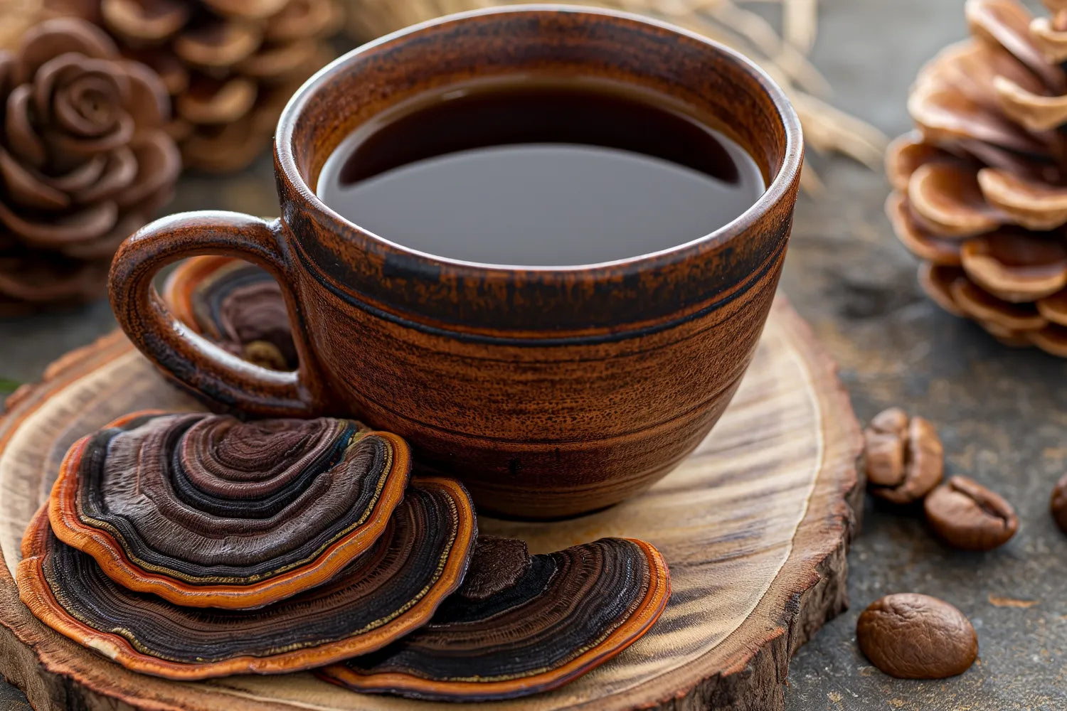 Brown ceramic mug of black coffee on a wood slice with layered reishi mushroom pieces and scattered coffee beans on a stone surface