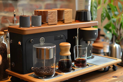 Office coffee station with espresso machine, glass carafes, jar of coffee beans, and wooden countertop in a warm workspace