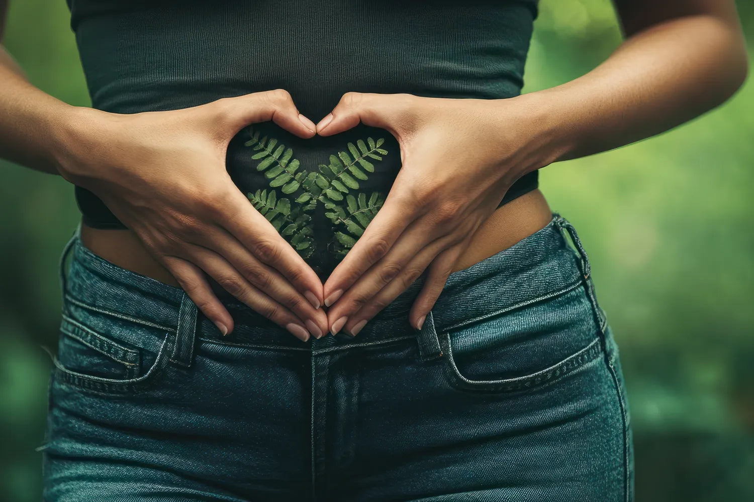 Person forming a heart with hands over lower abdomen, fern leaves visible through a black top, outdoors symbolizing gut health