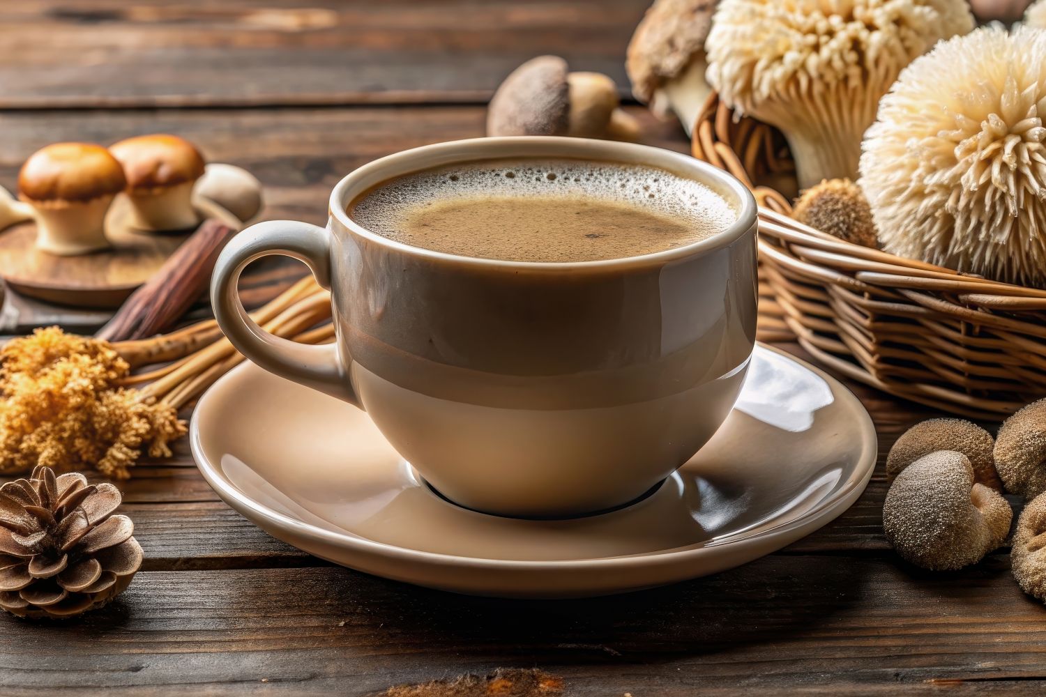 Cup of mushroom coffee in a beige cup and saucer surrounded by assorted mushrooms and a wicker basket on a rustic wooden table
